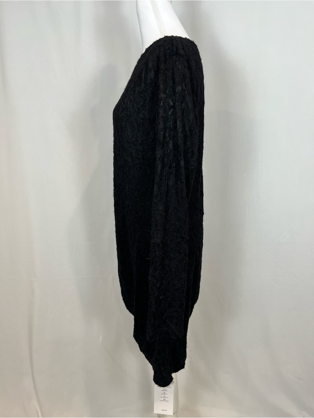 Long-Sleeve Black Lace Knit Dress with Side Ruched Tie - Picture 14 of 16